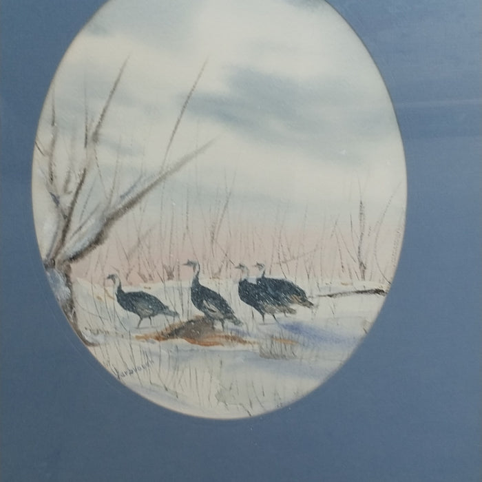 WATER COLOR OF WILD TURKEYS IN RECTANGULAR FRAME WITH INNER OVAL