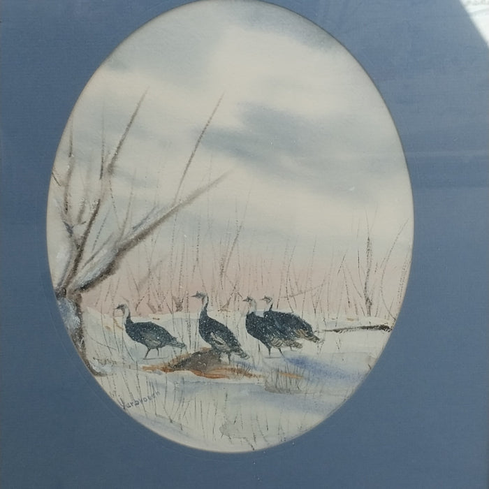 WATER COLOR OF WILD TURKEYS IN RECTANGULAR FRAME WITH INNER OVAL