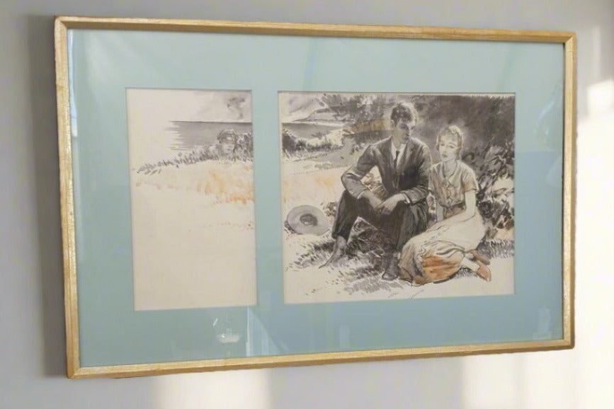 WATER COLOR OF A YOUNG COUPLE ON A PICNIC WITH A MAN WATCHING