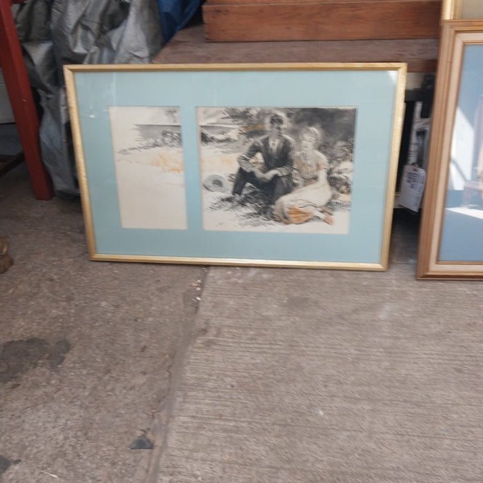 WATER COLOR OF A YOUNG COUPLE ON A PICNIC WITH A MAN WATCHING