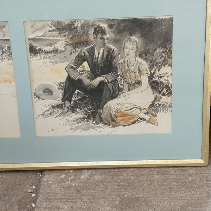 WATER COLOR OF A YOUNG COUPLE ON A PICNIC WITH A MAN WATCHING