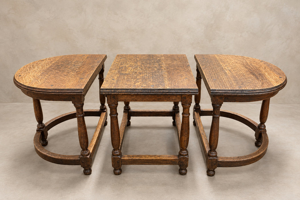 3 PIECE RUSTIC OAK DEMI LUNE TABLE SET