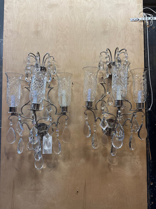 PAIR OF LARGE SILVER WALL SCONCES WITH PRISMS