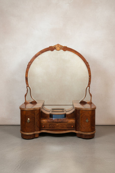 LARGE ART DECO VANITY WITH LARGE MIRROR AND WATERFALL FRONT
