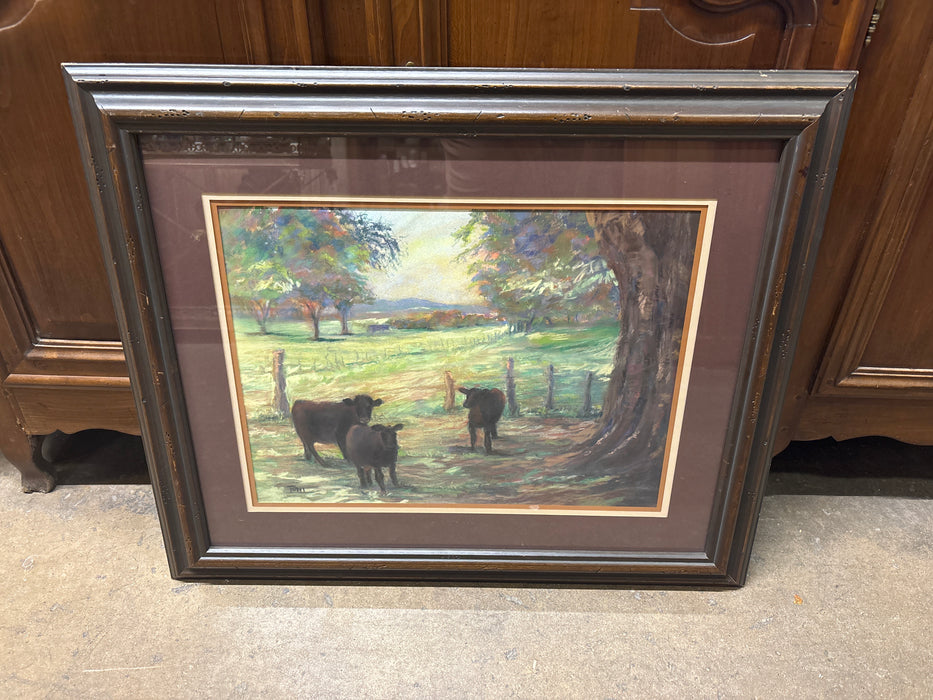 BUCOLIC SCENE WITH COWS PASTEL PAINTING - SIGNED TONI