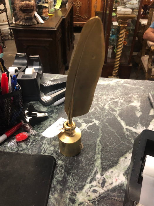 BRASS WEIGHT INKWELL WITH FEATHER PEN