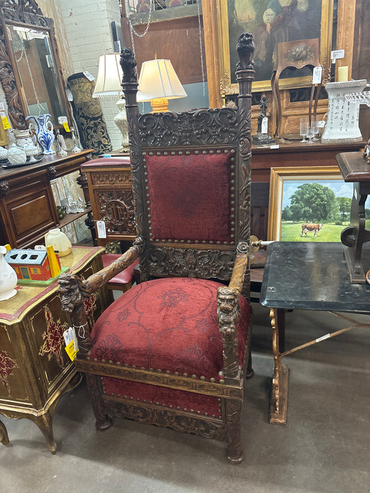 RED UPHOLSTERED LION AND EAGLE CARVED HIGH BACK THRONE CHAIR