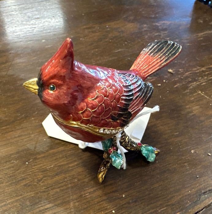 SMALL ENAMELED AND JEWELED CARDINAL BOX