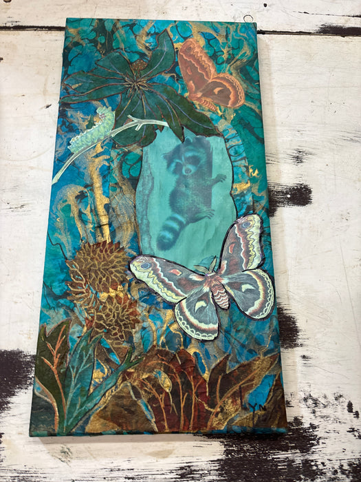 LONG UNFRAMED BLUE DECOUPAGE ART OF RACOON AND BUTTERFLIES - SIGNED LYN’15