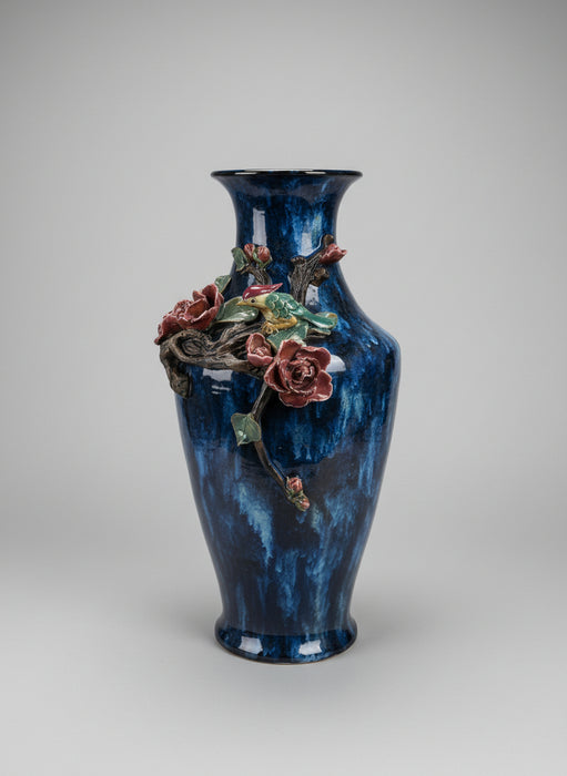 LARGE BLUE POTTERY VASE WITH FLOWERS AND BIRD