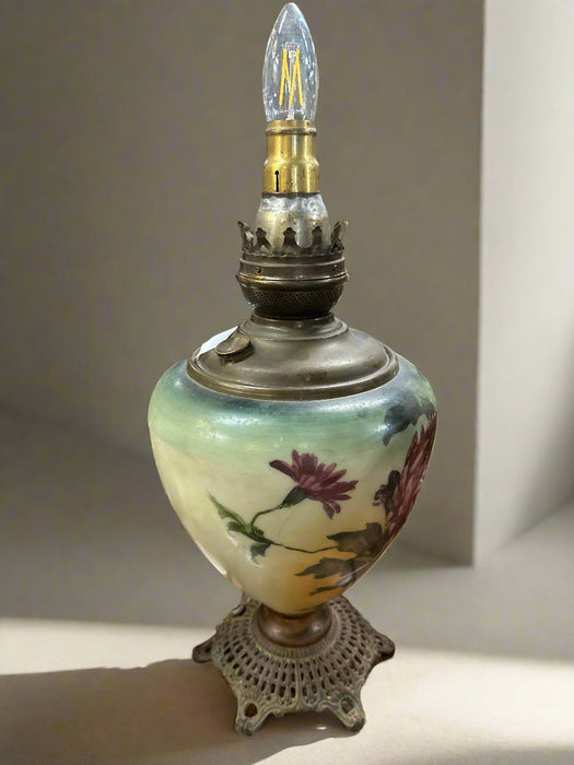 GREEN FLORAL CONVERTED OIL LAMP