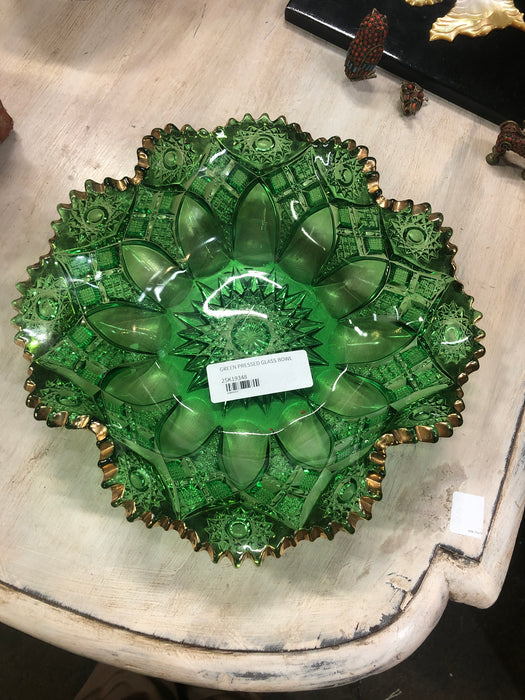 ANTIQUE GREEN PRESSED GLASS BOWL WITH GOLD TRIM