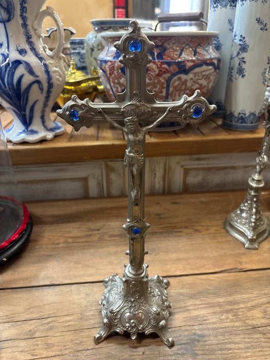 METAL CRUCIFIX WITH BLUE JEWELS UNDER DOME