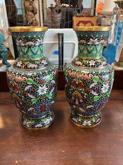 PAIR OF GREEN MULTICOLOR CLOISONNE VASES