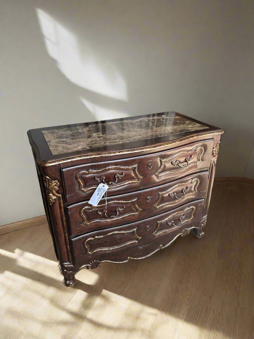 LOUIS XV MARBLE TOP DARK OAK THREE DRAWER CHEST