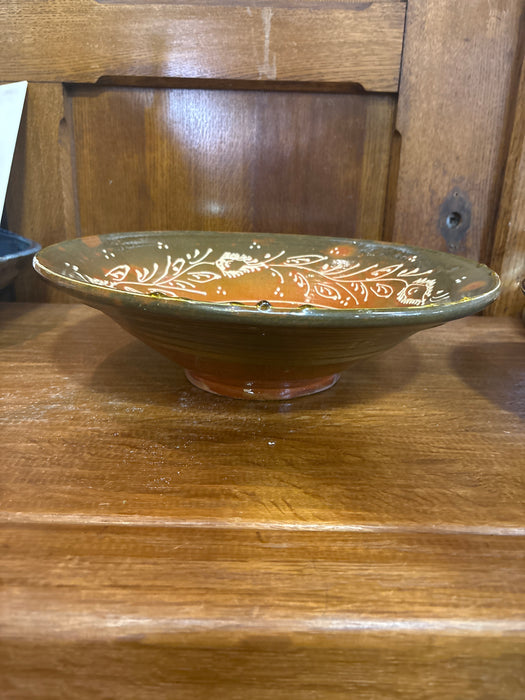LARGE TERRACOTTA AND GREEN POTTERY BOWL