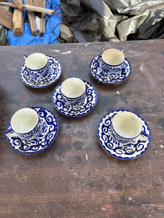SET OF 5 BLUE AND WHITE DEMITASSE CUPS WITH SAUCERS