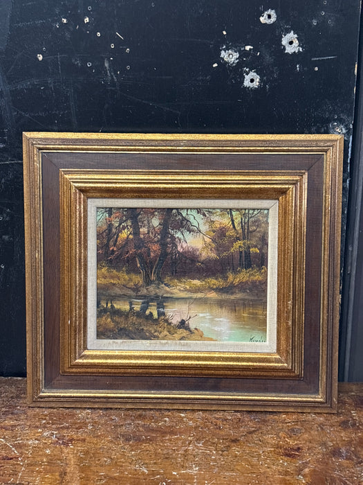 BROWN FILET FRAMED AUTUMN FOREST AT DUSK SCENE WITH RIVER