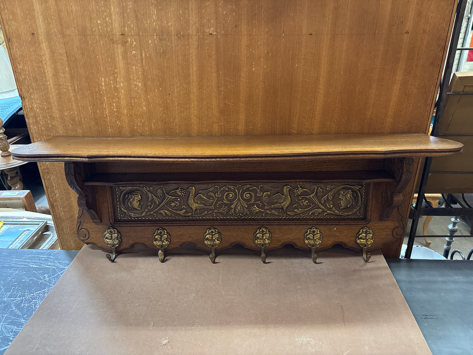 OAK WALL SHELF WITH EMBOSSED BRASS BIRDS