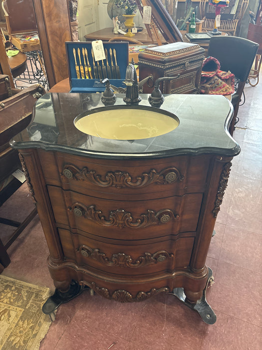 SMALL MARBLE TOP VANITY WITH SINK AND FAUCETS