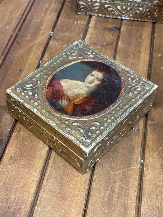 LARGE DARK GOLD SQUARE FLORENTINE BOX WITH PORTRAIT OF WOMAN AND BLUE FELT INTERIOR
