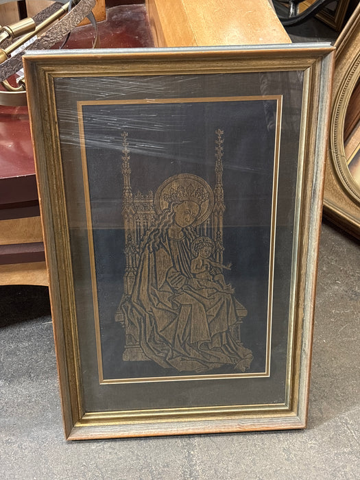 BROWN FRAMED PRINT OF ENGLISH RUBBING WITH DARK BROWN FILET
