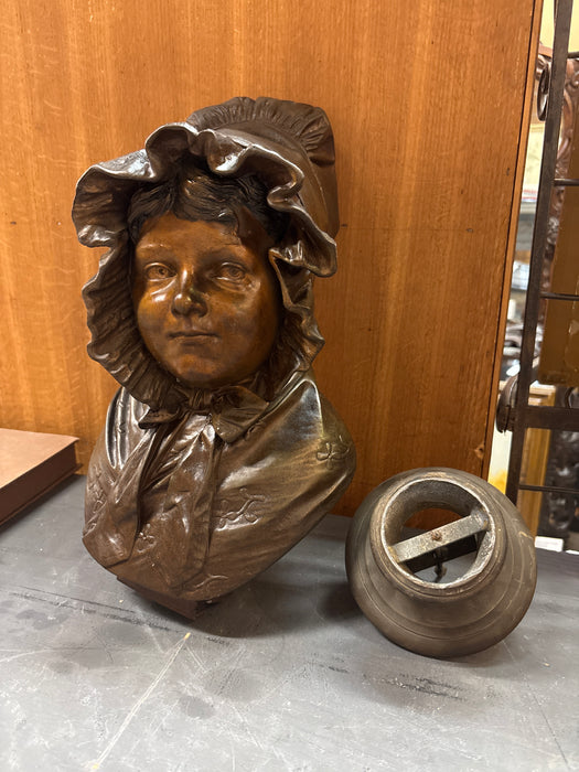 LARGE SPELTER LADY BUST WITH BONNET - AS FOUND