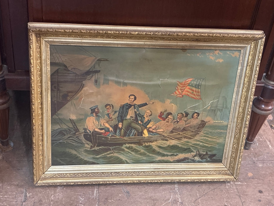 MEDIUM GILT FRAMED 19TH CENTURY PRINT OF AMERICANS SAILORS IN ROW BOAT AS FOUND