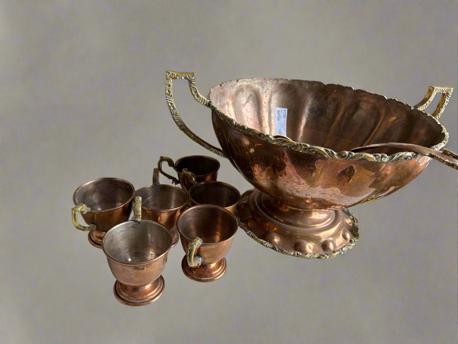 COPPER PUNCH BOWL WITH LADLE AND 12 COPPER CUPS