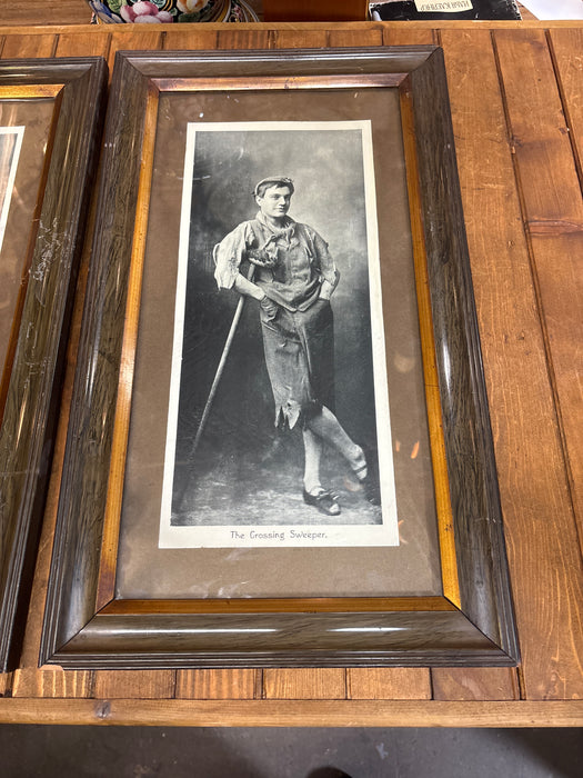 PAIR OF FRAMED BLACK AND WHITE PRINTS OF PEOPLE WITH GILT LINER "THE FLOWER GIRL" AND " THE CROSSING SWEEPER"