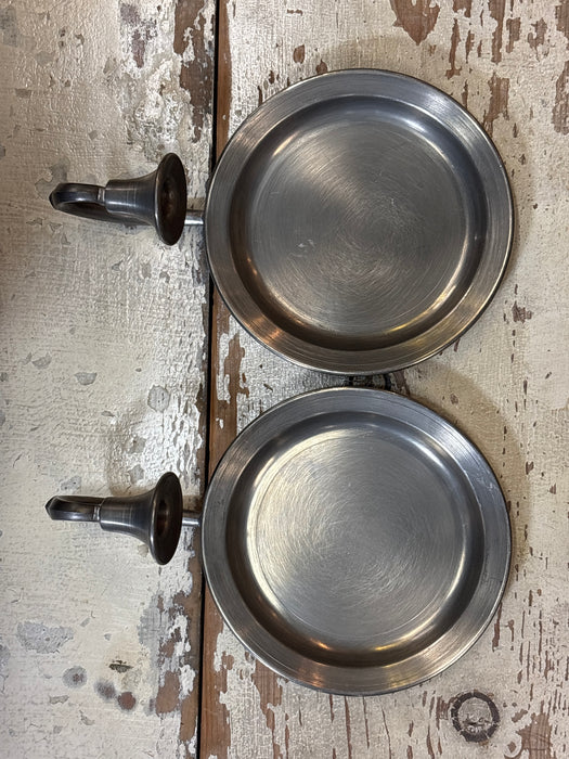 PAIR OF ROUND BACK PEWTER WALL CANDLESTICK SCONCES