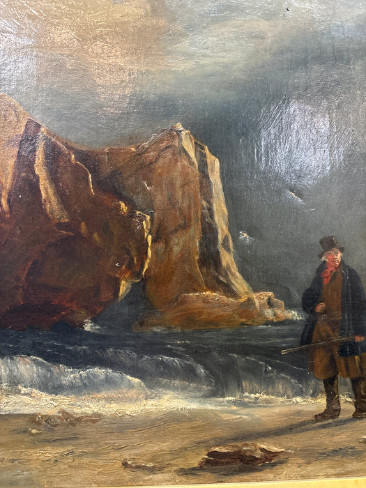 DARK GOLD FRAMED 19TH CENTURY SEASHORE OIL PAINTING ON CANVAS - AS FOUND