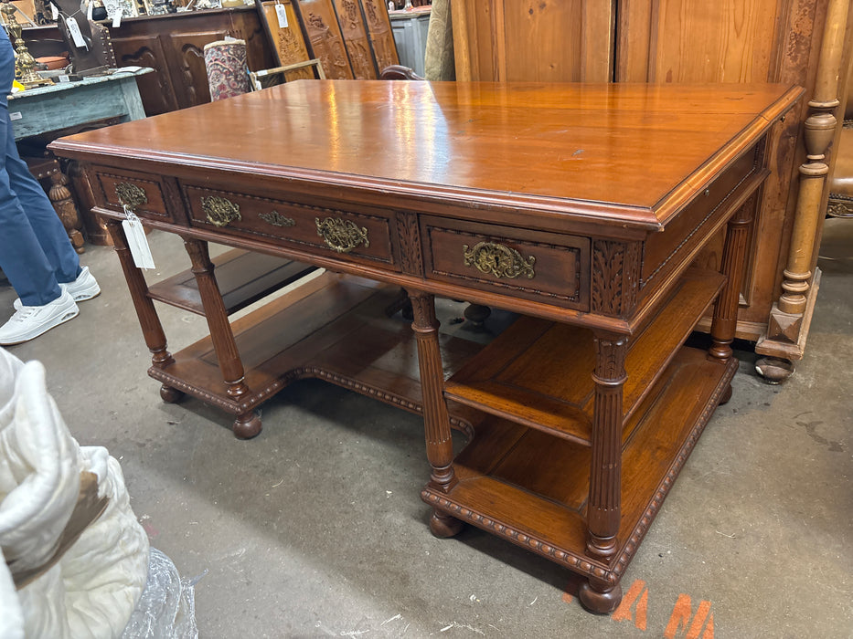 LATE 19TH CENTURY CHERRY EDWARDIAN 3 DRAWER OPEN SHELVES DESK