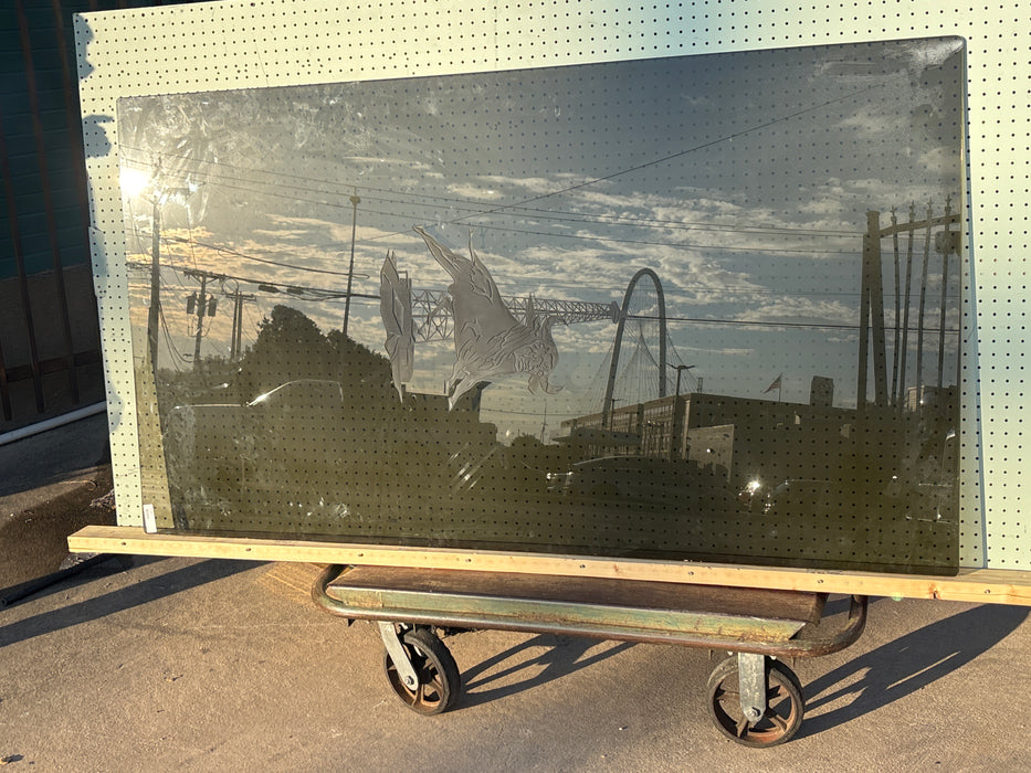 HUGE PIECE OF GLASS WITH BULL AND OIL DERRECK