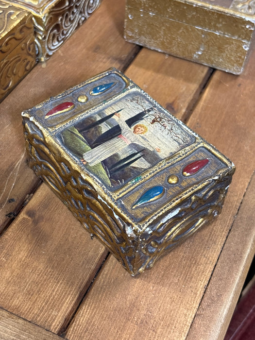 TINY FLORENTINE BOX WITH BLUE AND RED BEADS