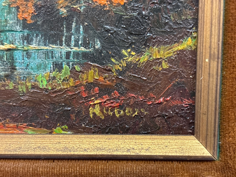 SMALL ORNATE GOLD FRAMED LANDSCAPE OIL PAINTING OF LAKE THROUGH TREES - SIGNED