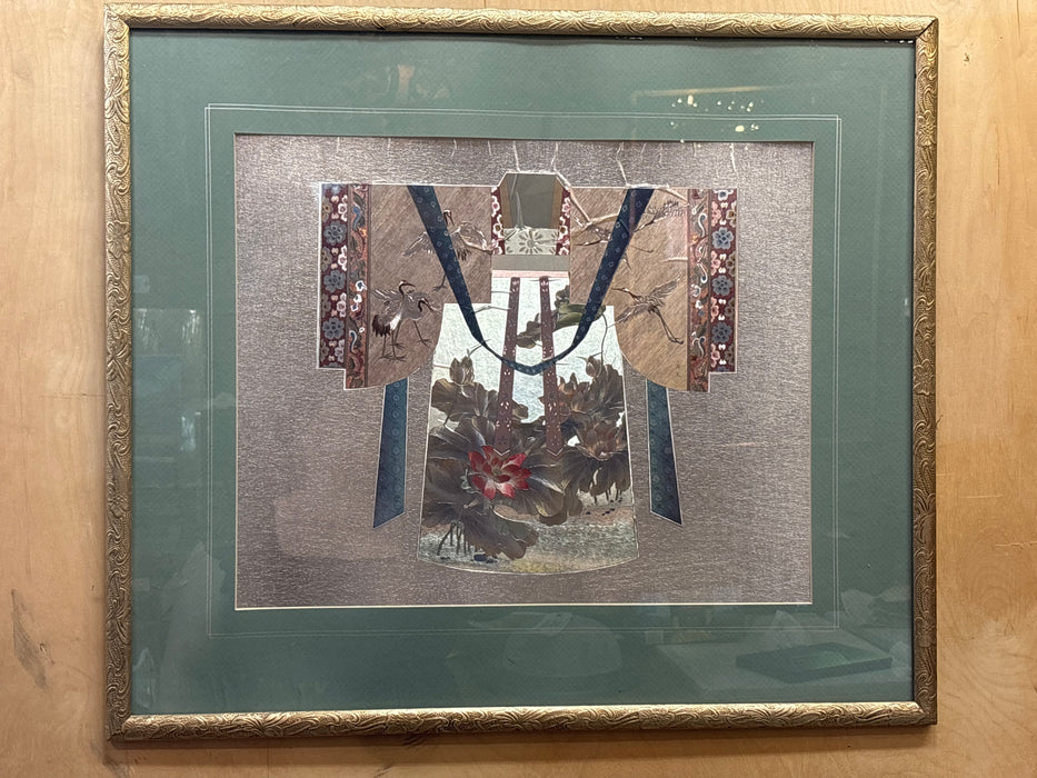 GOLD FRAMED FOIL REPLICA OF JAPANESE KIMONO WITH CRANES - SIGNED - AS FOUND