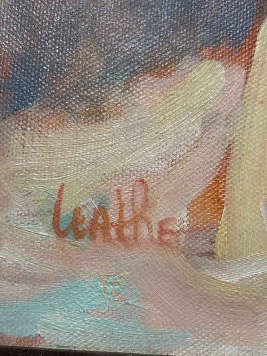 BROWN FRAMED IMPRESSIONIST PAINTING OF 2 GIRLS WITH LINEN FILET - SIGNED LEATHE