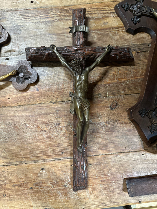 CARVED BLACK FOREST CRUCIFIX WITH BRONZE CORPUS