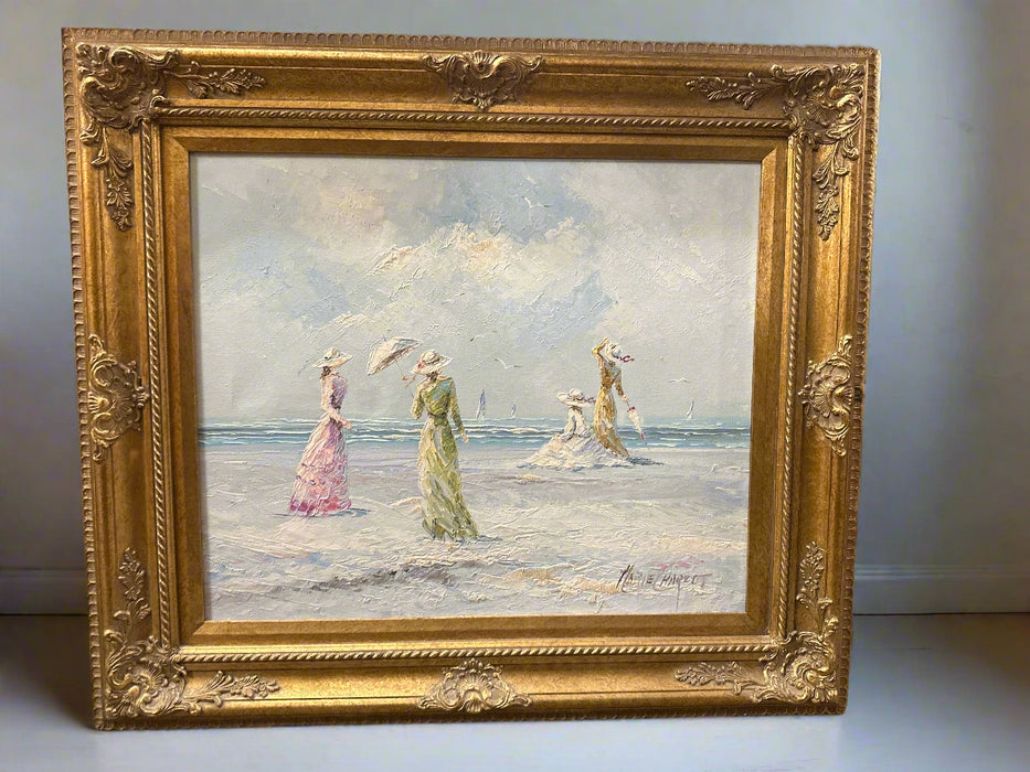 LARGE GOLD FRAMED PASTEL PAINTING OF LADIES AT THE BEACH
