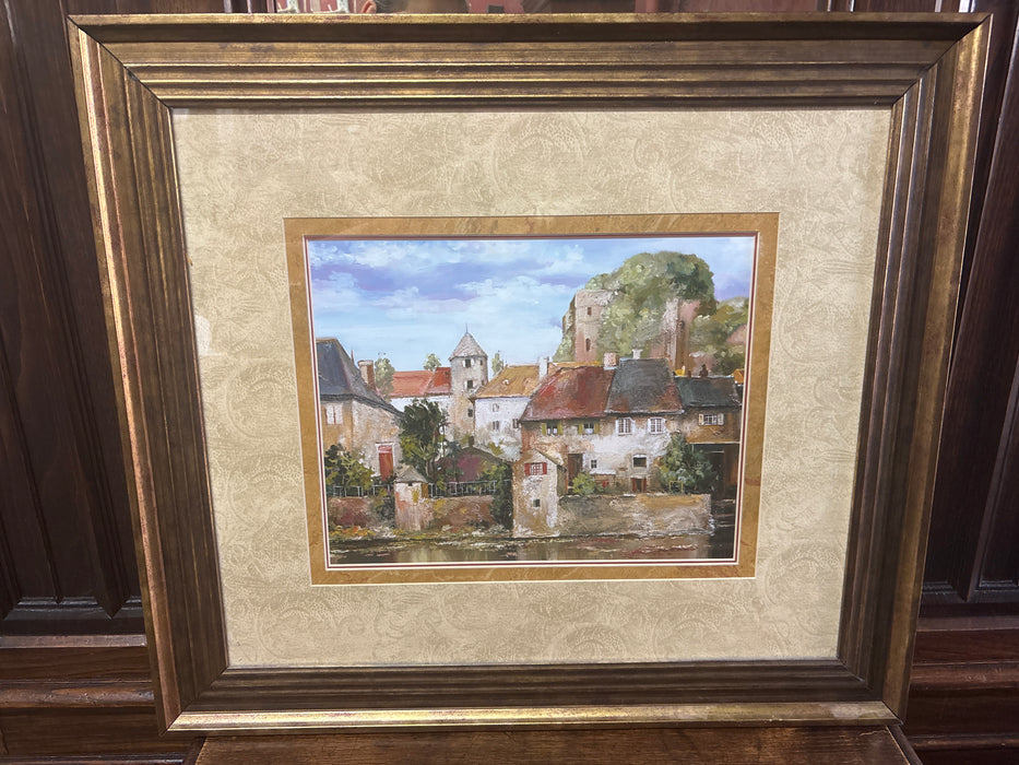LARGE COLORFUL FRAMED PRINT EUROPEAN VILLAGE - AS FOUND