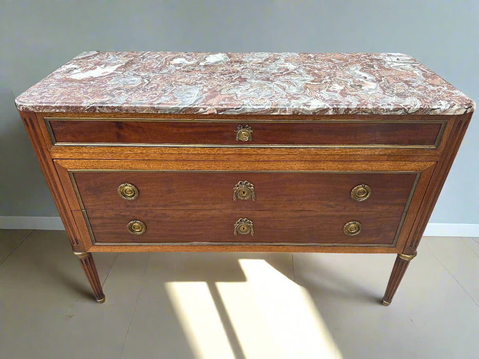 3 DRAWER LOUIS XVI MARBLE TOP CHEST ON LAVANTA LEGS-NEEDS NEW MARBLE