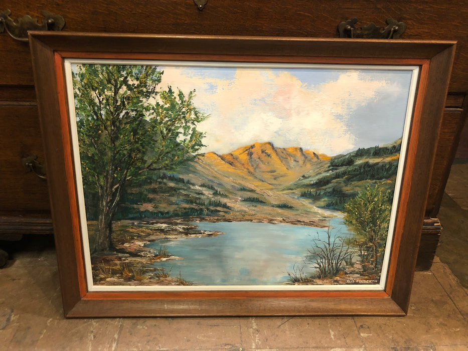 FRAMED LANDSCAPE PAINTING WITH LAKE AND MOUNTAINS