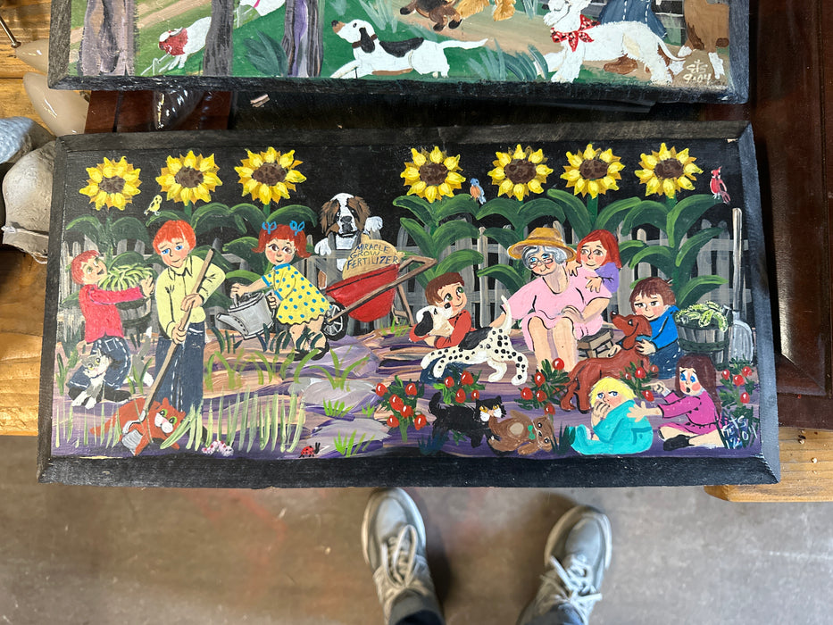 PAINTING ON BOARD  OF GRANDMA WITH DOGS AND CHILDREN