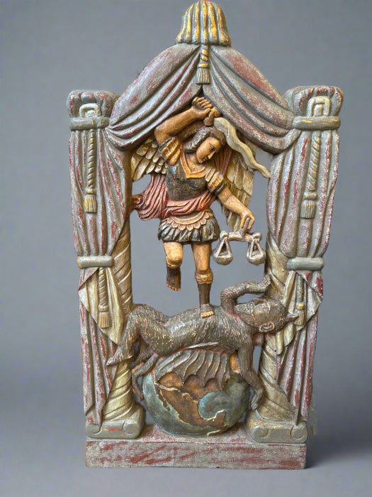 LARGE CARVED WOOD  WALL HANGING OF ST. MICHAEL SLAYING THE DRAGON