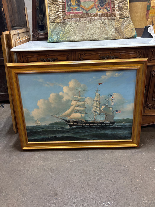 GOLD FRAMED SEASCAPE OIL PAINTING OF AMERICAN CLIPPER SHIP - SIGNED ROBERT SANDERS