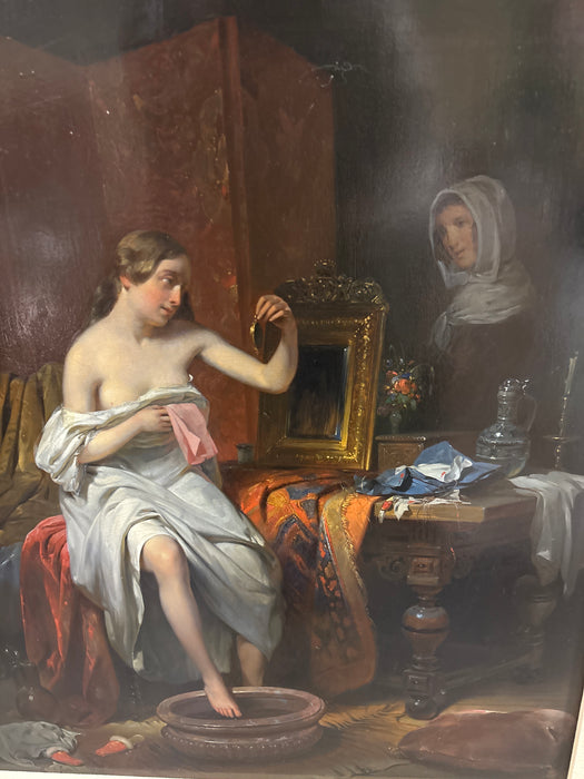 LARGE ORNATE GILT FRAMED PAINTING OF WOMAN BEING WATCHED BY SERVANT IN LINEN FILET