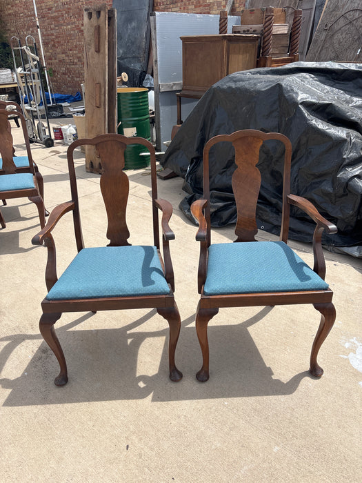 PAIR OF BLUE UPHOLSTERED QUEEN ANNE WALNUT ARM CHAIRS