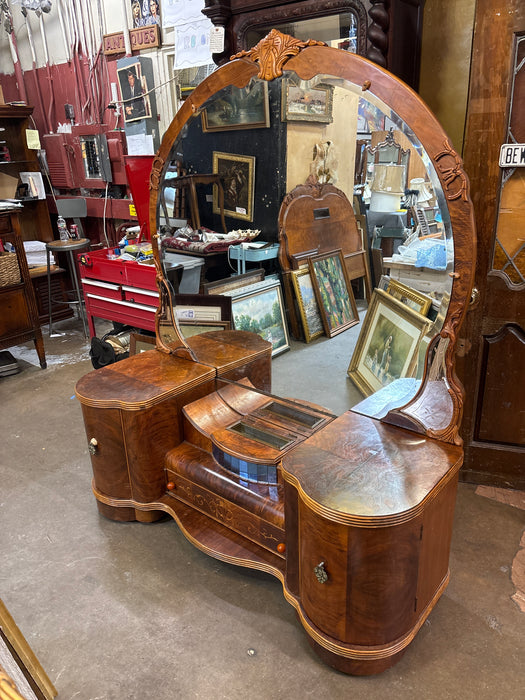 LARGE ART DECO VANITY WITH LARGE MIRROR AND WATERFALL FRONT