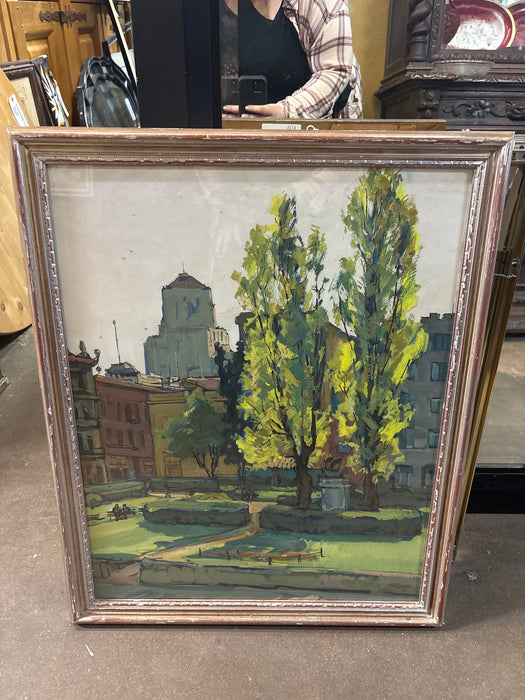 FRAMED GREEN AND YELLOW IMPRESSIONIST OIL PAINTING OF PARK UNDER GLASS
